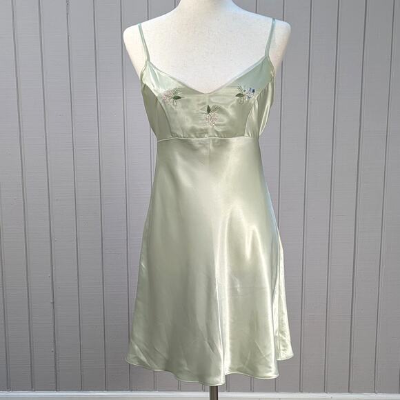delicates Other - Vintage Green Floral Embroidered Empire Waist Satin Slip Dress by Delicates